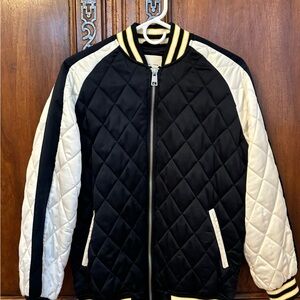 Silence + Noise Black and Cream Quilted Bomber Jacket